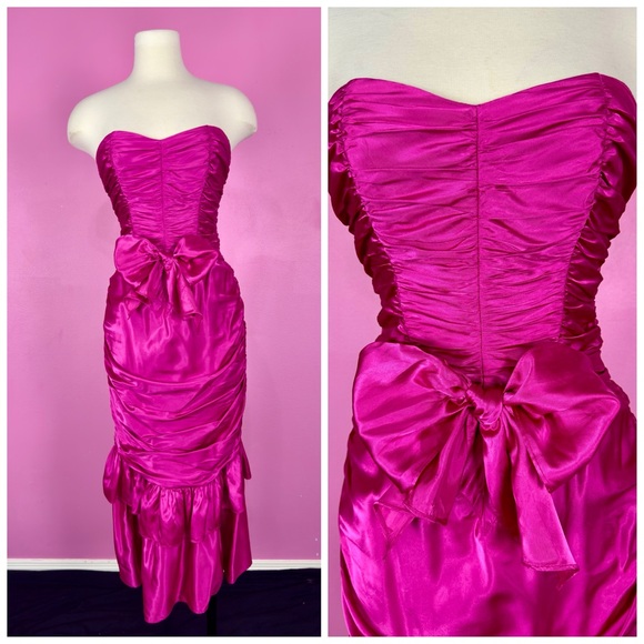 Vintage 1980s Gunne Sax Pink Barbie Bombshell Draped Strapless Party Prom Dress - Picture 1 of 10